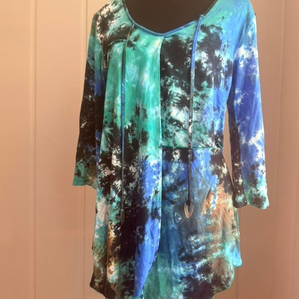 Y2K Zen Knits Turquoise Tie Dye Ruched Boho Tunic Top L